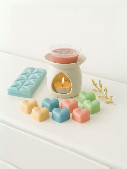 Coffret découverte parfumé Aux Senteurs Scintillantes avec brûleur, fondants parfumés artisanaux et SnapBar parfumée.